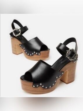 The Kooples Leather Platform Clog Sandals with Stud Detail Black